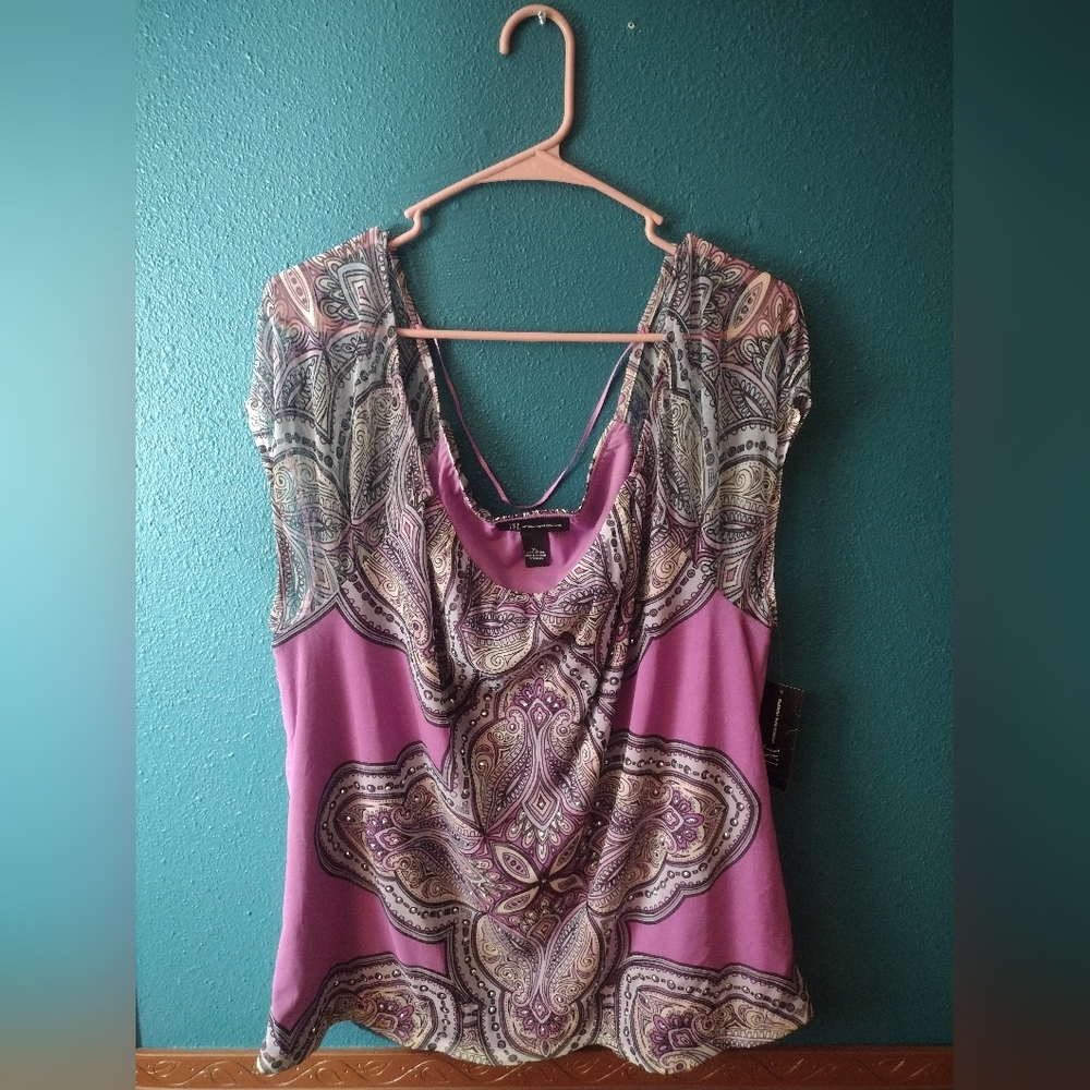 Vintage INC Y2K International Concepts Purple Paisley Print Mesh Sleeves Blouse